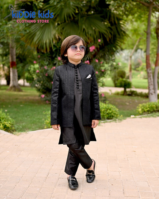 Black Sequence Embroidered Open Prince Coat with Loops Kurta Trouser 2003