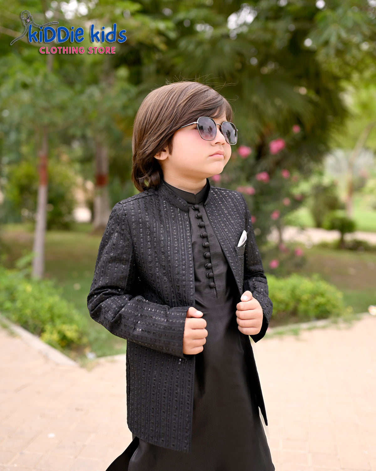 Black Sequence Embroidered Open Prince Coat with Loops Kurta Trouser 2003