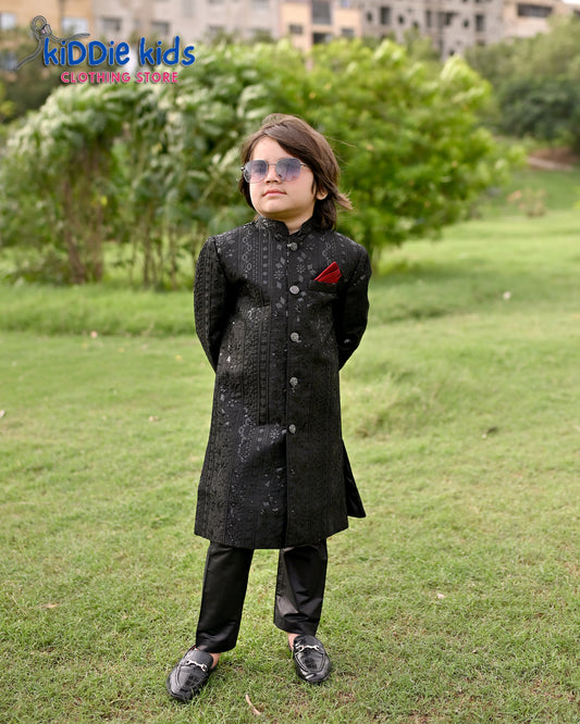 Black Sequence Embroidered Sherwani with White Trouser