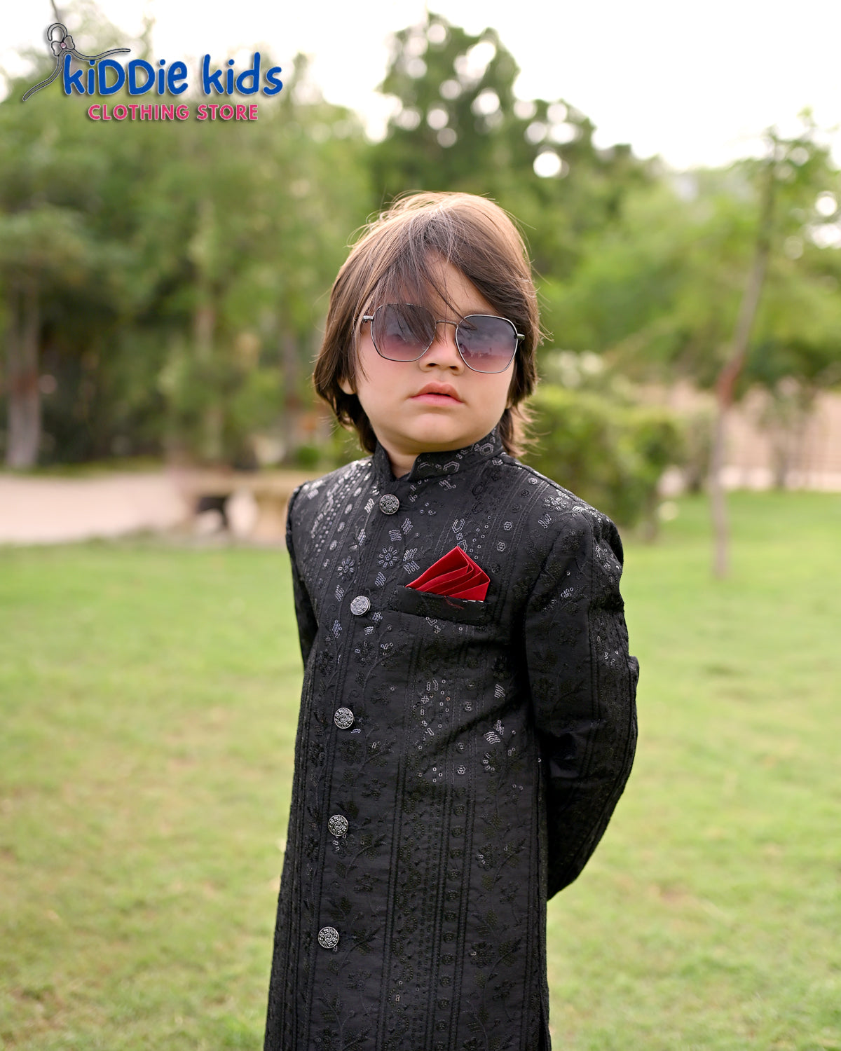 Black Sequence Embroidered Sherwani with White Trouser