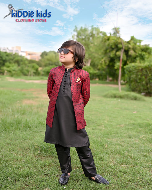 Maroon Sequence Embroidered 0pen Prince Coat with Loops Kurta Trouser 2002