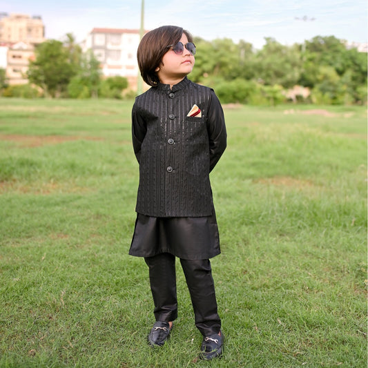 Black Sequence Embroidered Waistcoat with Kurta Trouser
