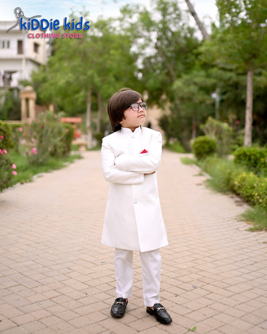 White Self Styled Sherwani with Trouser