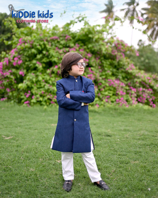 Navy Blue Self Styled Sherwani with Trouser