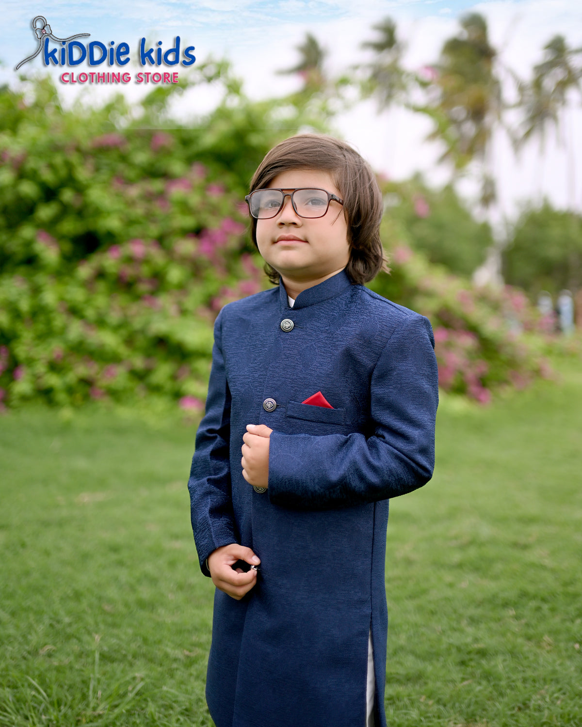Navy Blue Self Styled Sherwani with Trouser