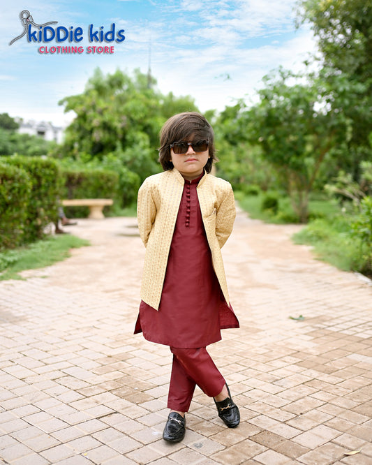 Golden and Maroon Sequence Embroidered Open Prince Coat with Loops Kurta Trouser 2005