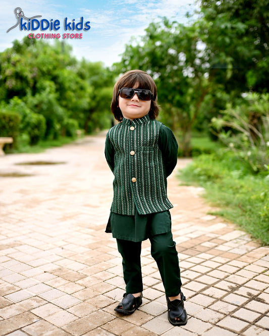 Emerald Green Sequence Embroidered Waistcoat with Kurta Trouser