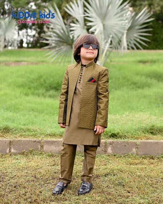 Mehndi Green Sequence Embroidered Open Prince Coat with Loops Kurta Trouser 2006