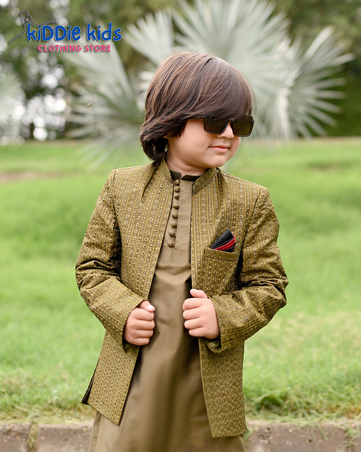 Mehndi Green Sequence Embroidered Open Prince Coat with Loops Kurta Trouser 2006