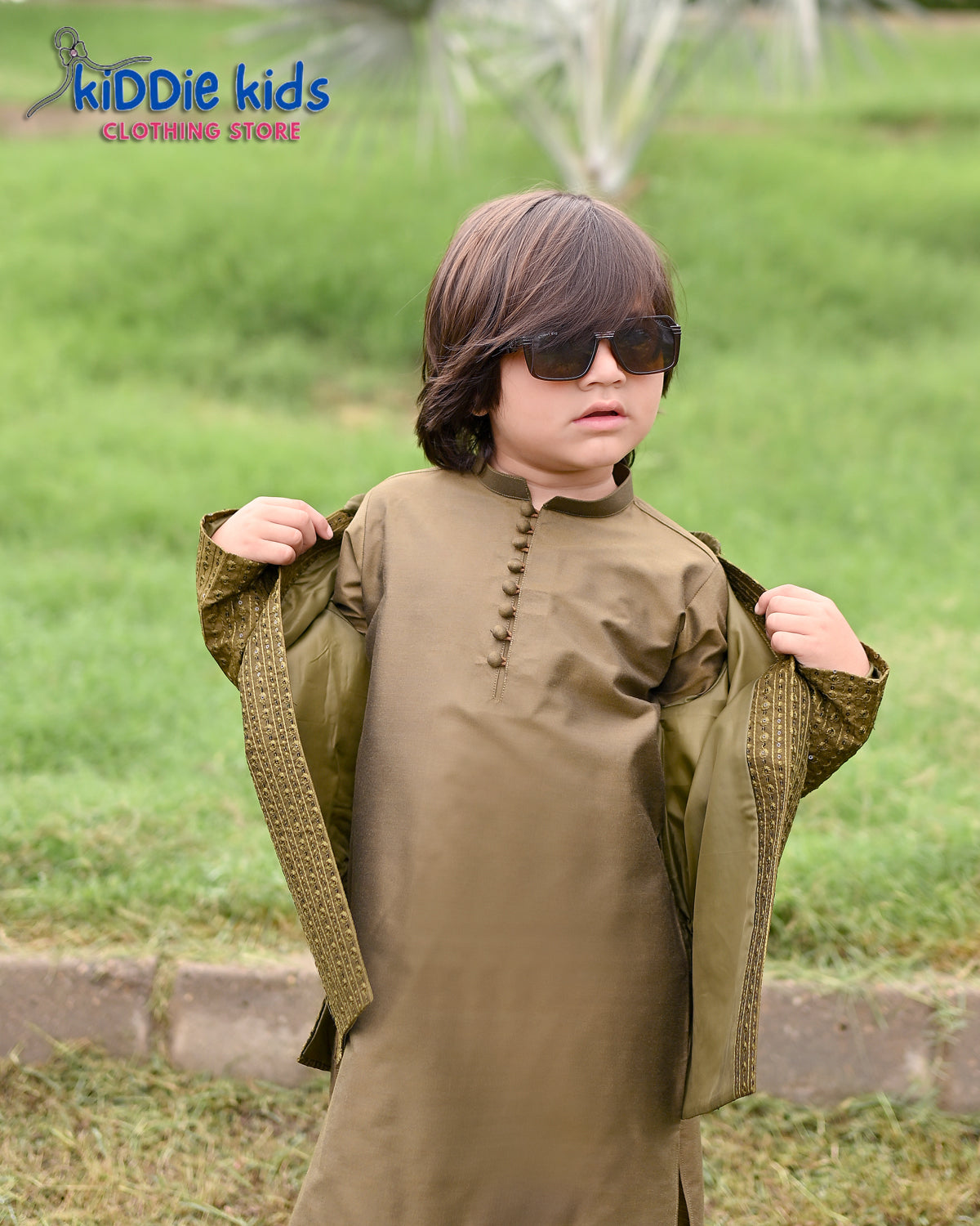 Mehndi Green Sequence Embroidered Open Prince Coat with Loops Kurta Trouser 2006
