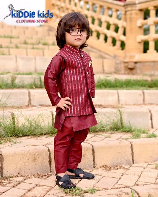 Maroon Sequence Embroidered Waistcoat with Kurta Trouser