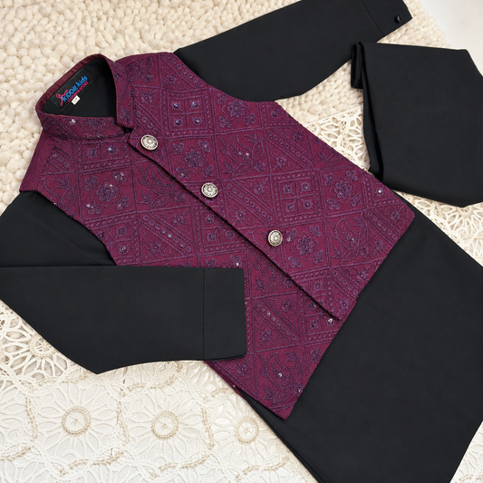 Burgandy Sequence Embroidered Waistcoat with Kurta Trouser