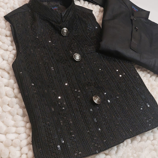 Black Sequence Embroidered Waistcoat with Kurta Trouser