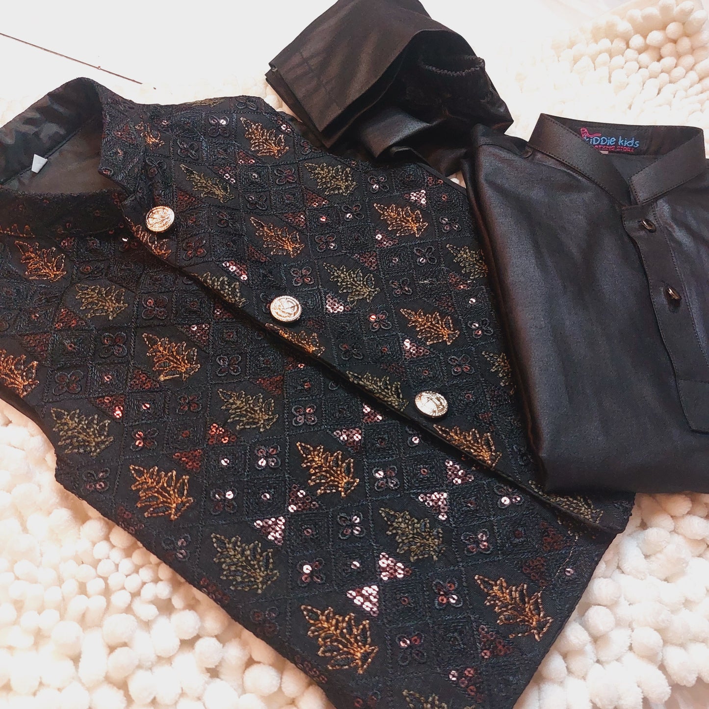 Black and Copper Sequence Embroidered Waistcoat with Kurta Trouser