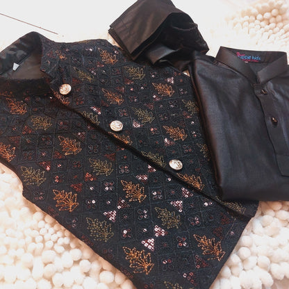 Black and Copper Sequence Embroidered Waistcoat with Kurta Trouser