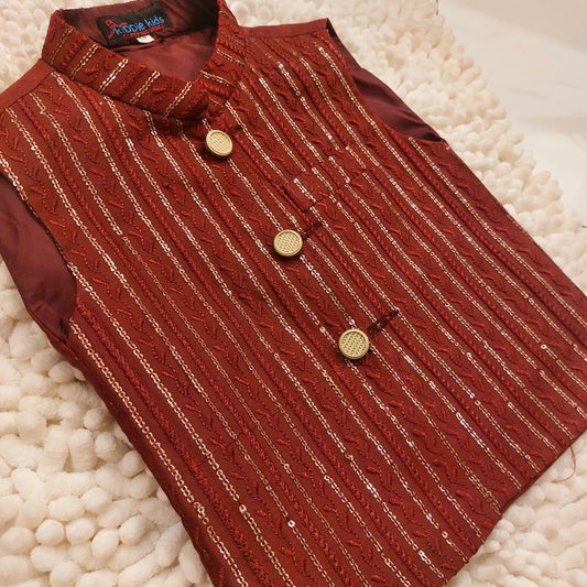 Maroon Sequence Embroidered Waistcoat with Kurta Trouser