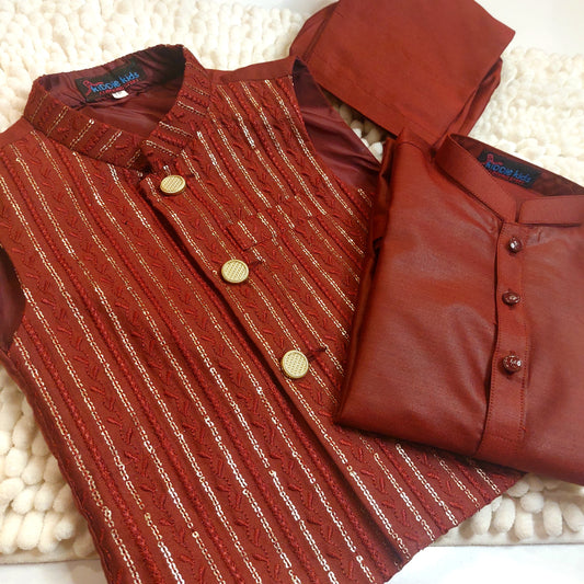 Maroon Sequence Embroidered Waistcoat with Kurta Trouser