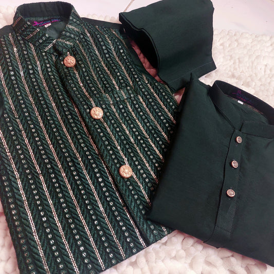 Emerald Green Sequence Embroidered Waistcoat with Kurta Trouser