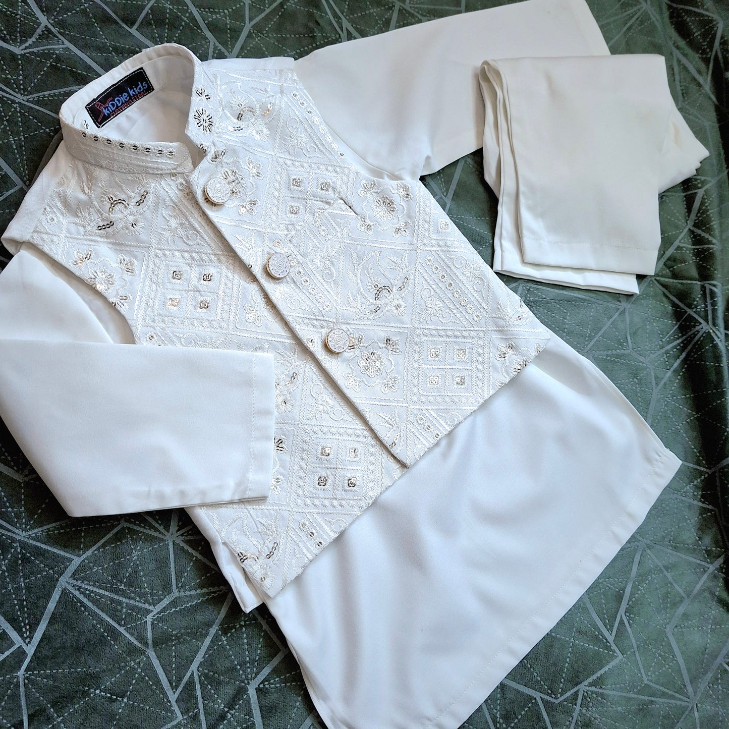 White Sequence Embroidered Waistcoat with Kurta Trouser