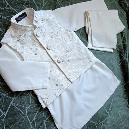 White Sequence Embroidered Waistcoat with Kurta Trouser
