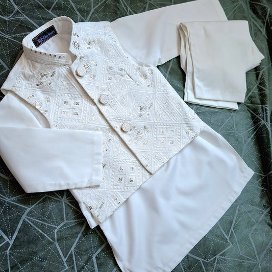 White Sequence Embroidered Waistcoat with Kurta Trouser