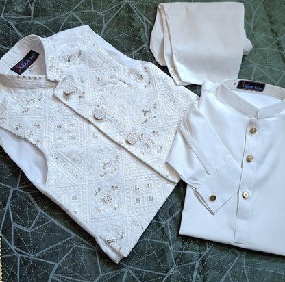 White Sequence Embroidered Waistcoat with Kurta Trouser