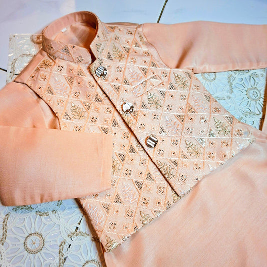 Peach Sequence Embroidered Waistcoat with Kurta Trouser