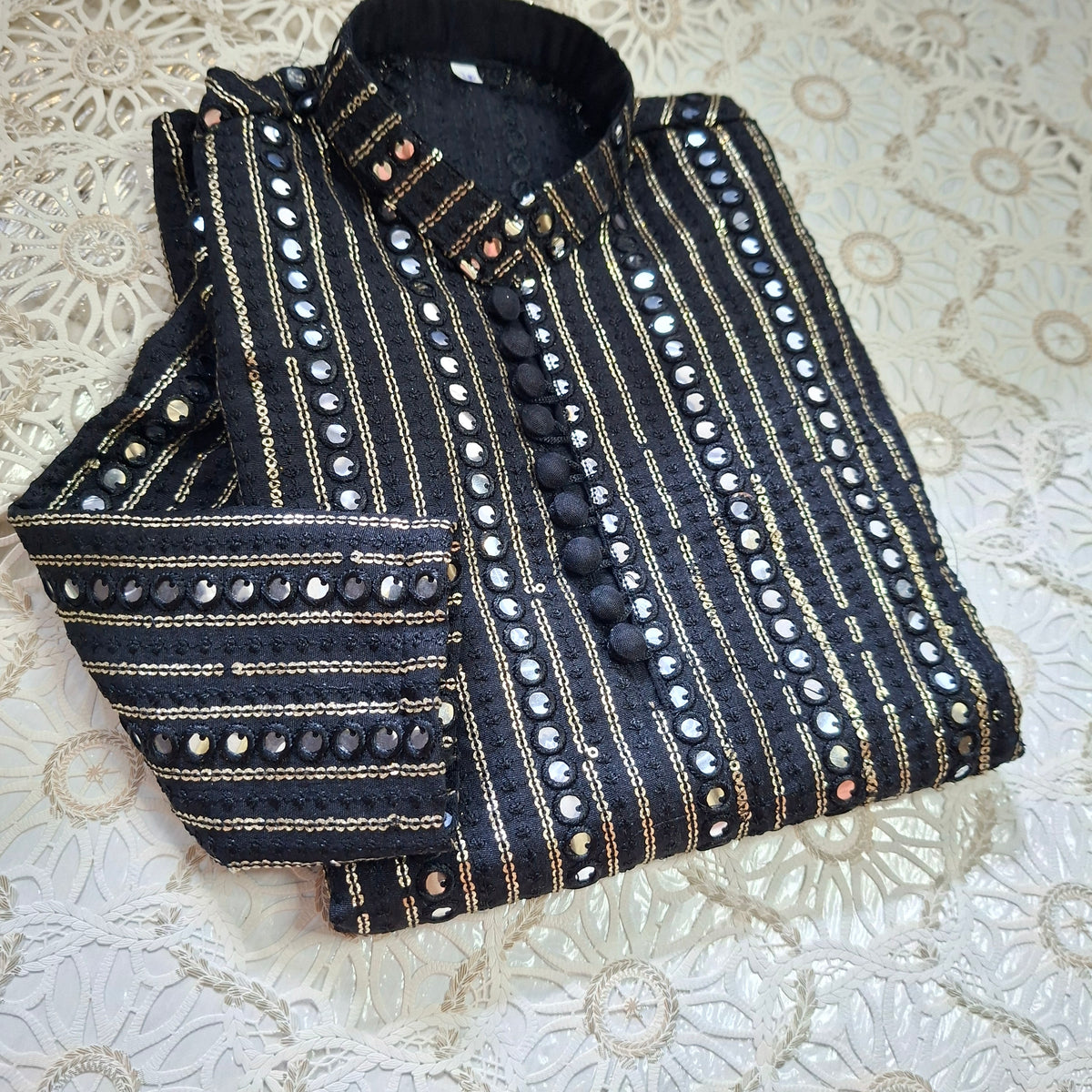 Royal Black Sequence Embroidered Kurta with White Trouser