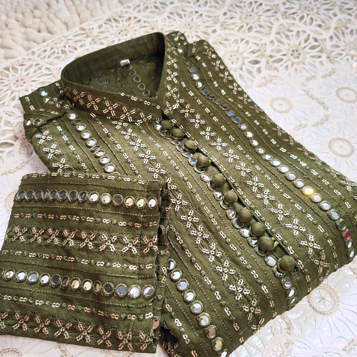 Mehndi Green Sequence Embroidered Kurta with White Trouser
