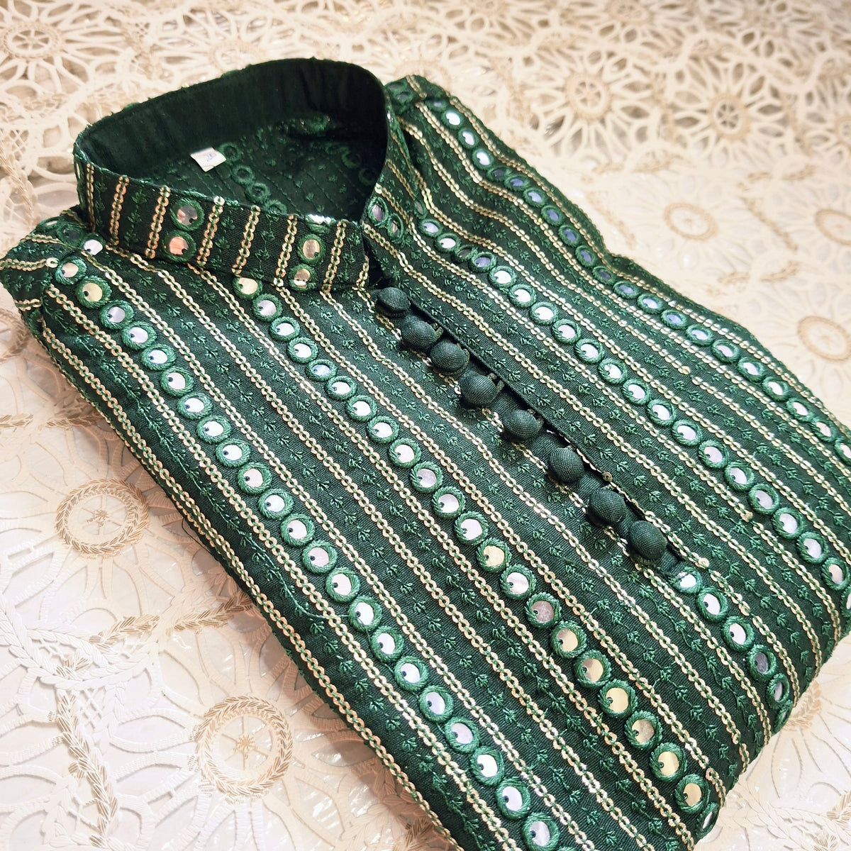 Emerald Green Sequence Embroidered Kurta with White Trouser