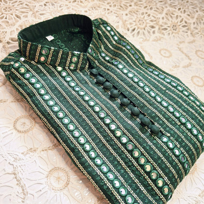 Emerald Green Sequence Embroidered Kurta with White Trouser