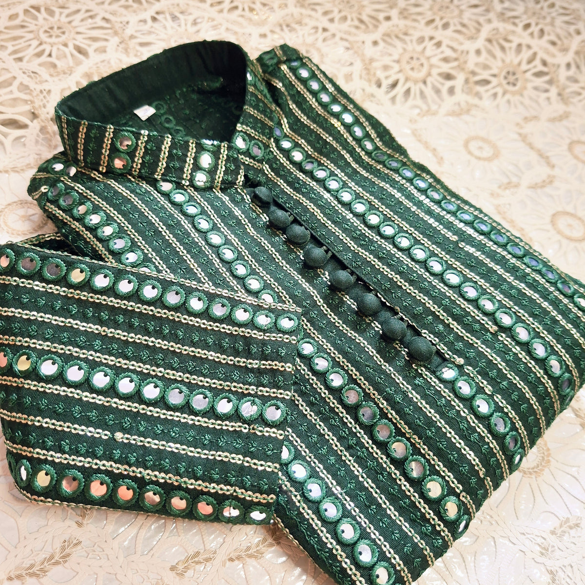 Emerald Green Sequence Embroidered Kurta with White Trouser
