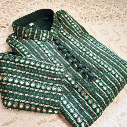 Emerald Green Sequence Embroidered Kurta with White Trouser