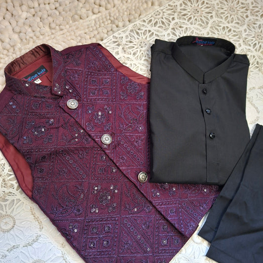 Burgandy Sequence Embroidered Waistcoat with Kurta Trouser