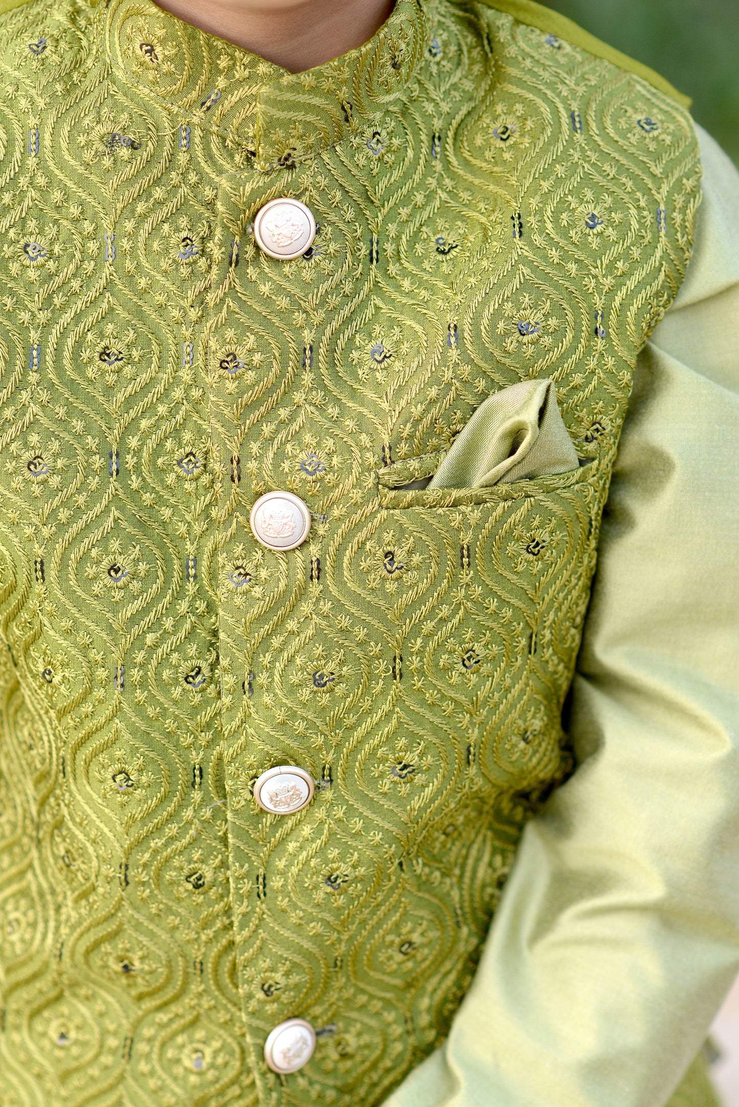 Olive- Embroidered Waistcoat with Inner