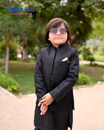 Black Sequence Embroidered Open Prince Coat with Loops Kurta Trouser 2003