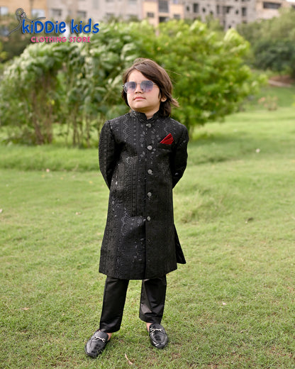 Black Sequence Embroidered Sherwani with White Trouser