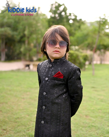 Black Sequence Embroidered Sherwani with White Trouser