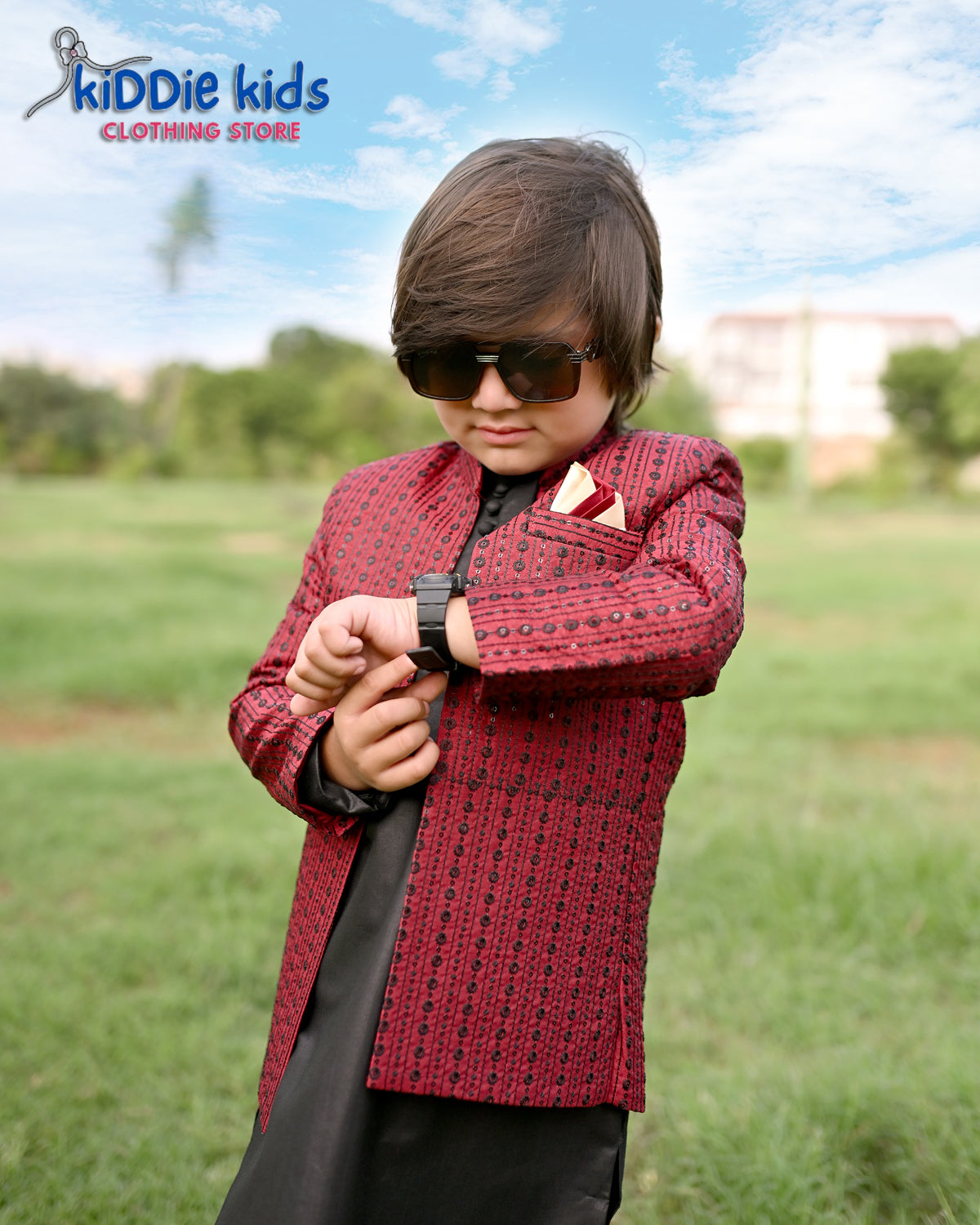 Maroon Sequence Embroidered 0pen Prince Coat with Loops Kurta Trouser 2002