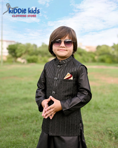 Black Sequence Embroidered Waistcoat with Kurta Trouser