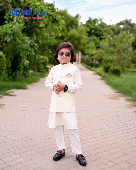 Offwhite Textured Waistcoat with Kurta Trouser