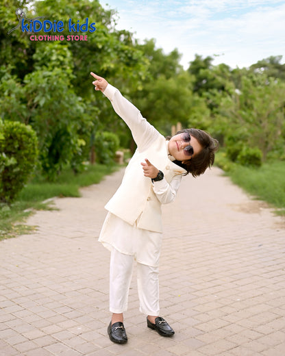 Offwhite Textured Waistcoat with Kurta Trouser