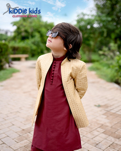 Golden and Maroon Sequence Embroidered Open Prince Coat with Loops Kurta Trouser 2005