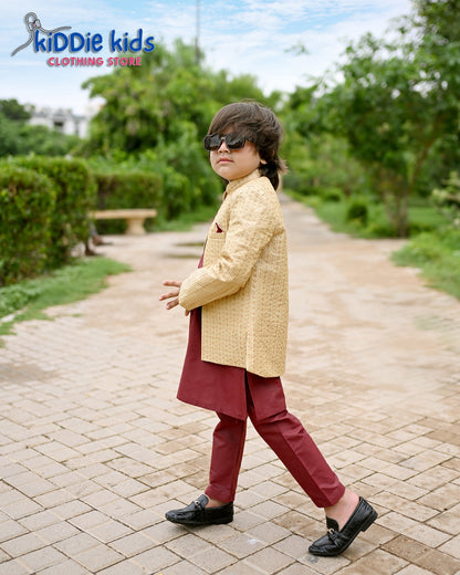 Golden and Maroon Sequence Embroidered Open Prince Coat with Loops Kurta Trouser 2005
