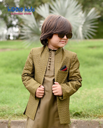 Mehndi Green Sequence Embroidered Open Prince Coat with Loops Kurta Trouser 2006