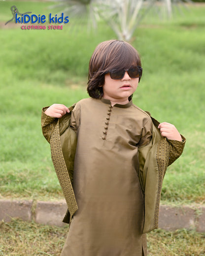 Mehndi Green Sequence Embroidered Open Prince Coat with Loops Kurta Trouser 2006
