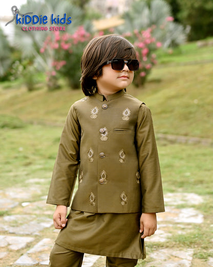 Mehndi Green Embroidered Waistcoat with Kurta Trouser