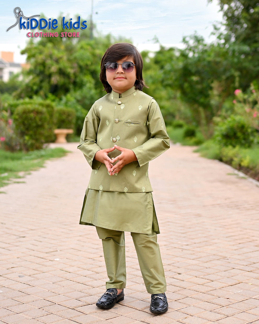 Girls Summer Traditional Printed 2-Piece Kurta & Trouser Set – Olive Green main image 1