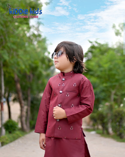 Red Embroidered Waistcoat with Kurta Trouser