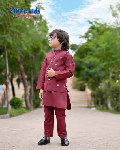 Red Embroidered Waistcoat with Kurta Trouser